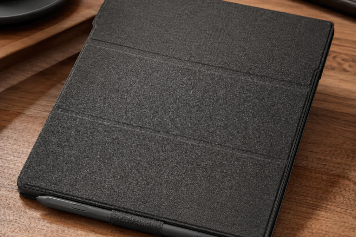 Exterior de PU con textura en una funda folio para e-reader