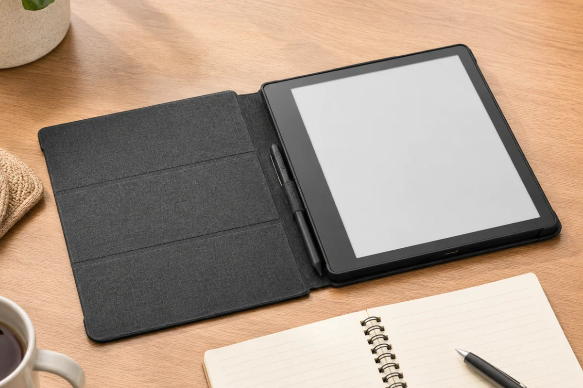 Funda folio abierta en un escritorio de lectura y notas