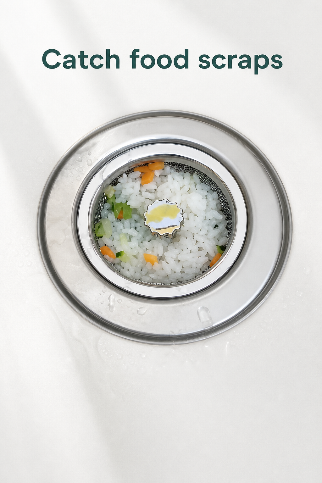 Mesh basket catching visible food scraps above the sink drain