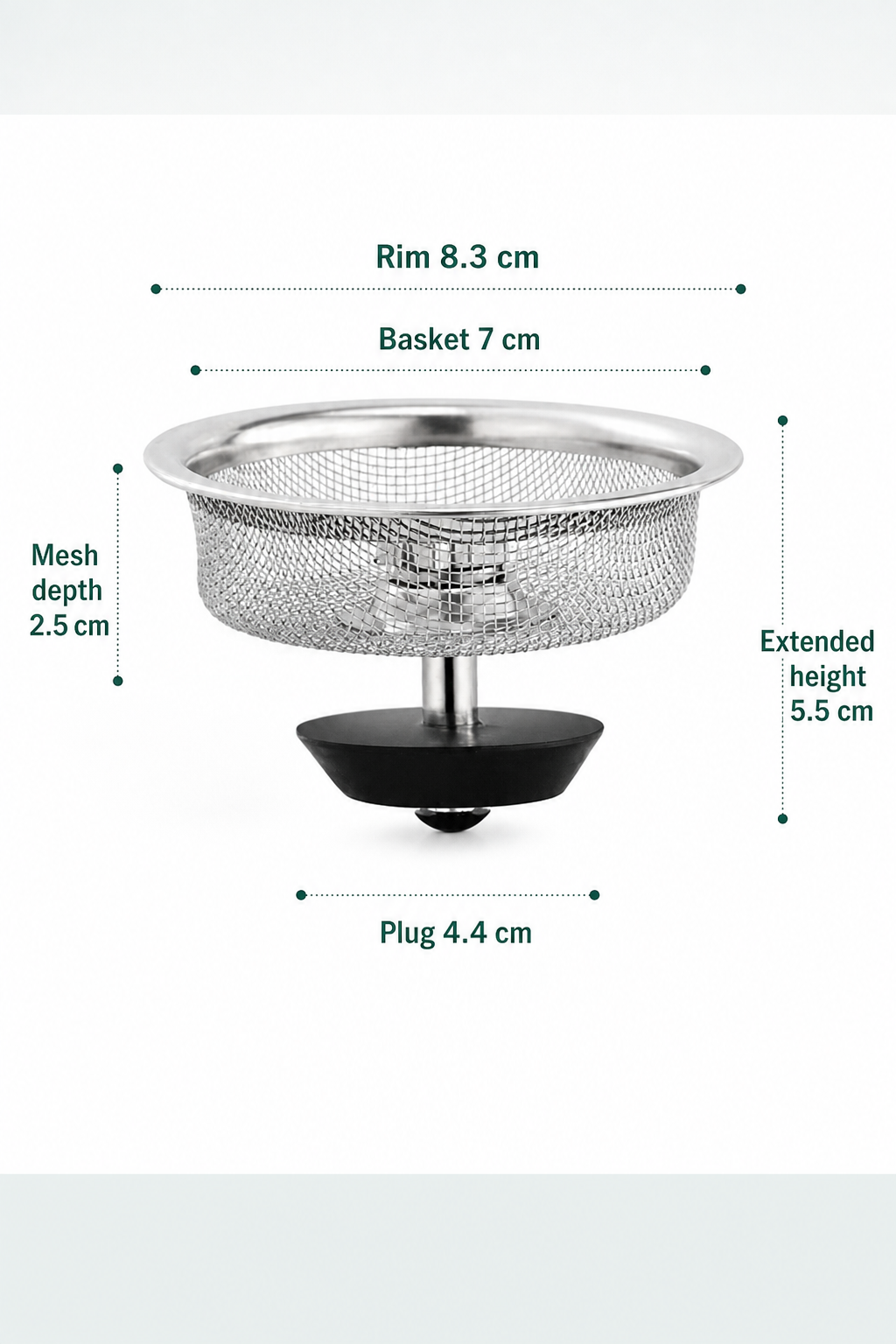 Sink basket dimension diagram with rim, basket, mesh depth, extended height and bottom stopper