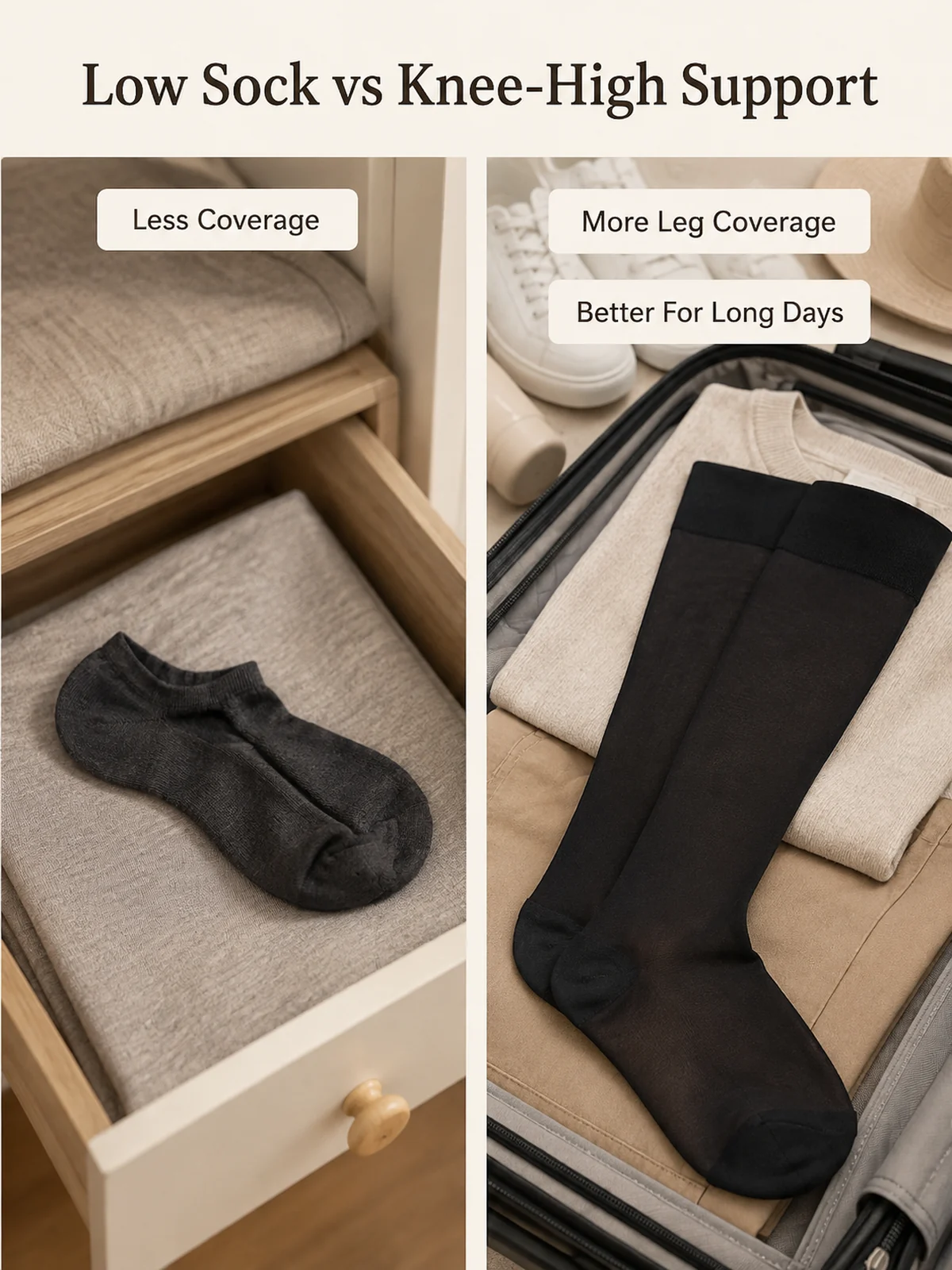 Low sock versus knee high support sock coverage comparison
