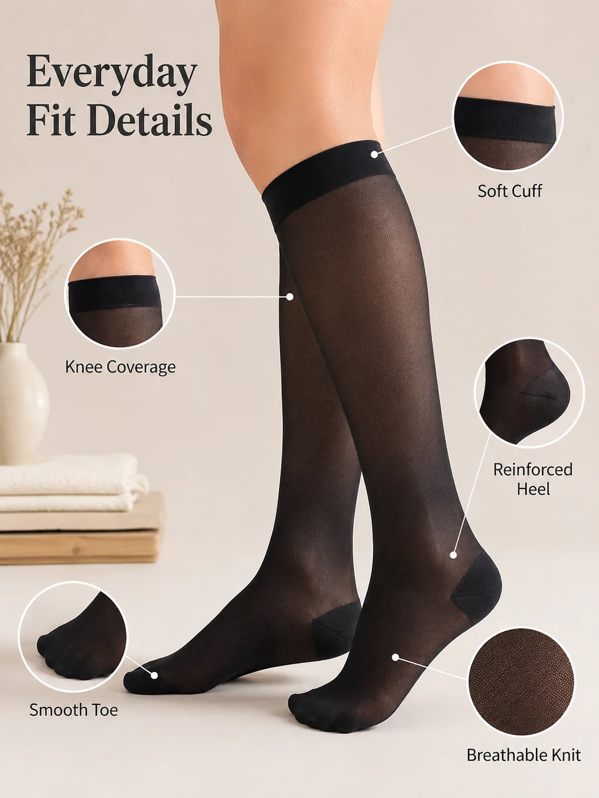 Everyday fit details with soft cuff reinforced heel smooth toe and breathable knit
