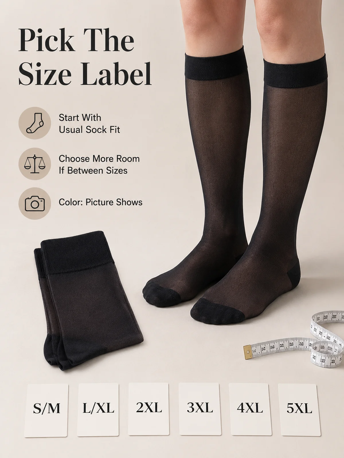 Size label guide for S/M L/XL 2XL 3XL 4XL and 5XL support socks