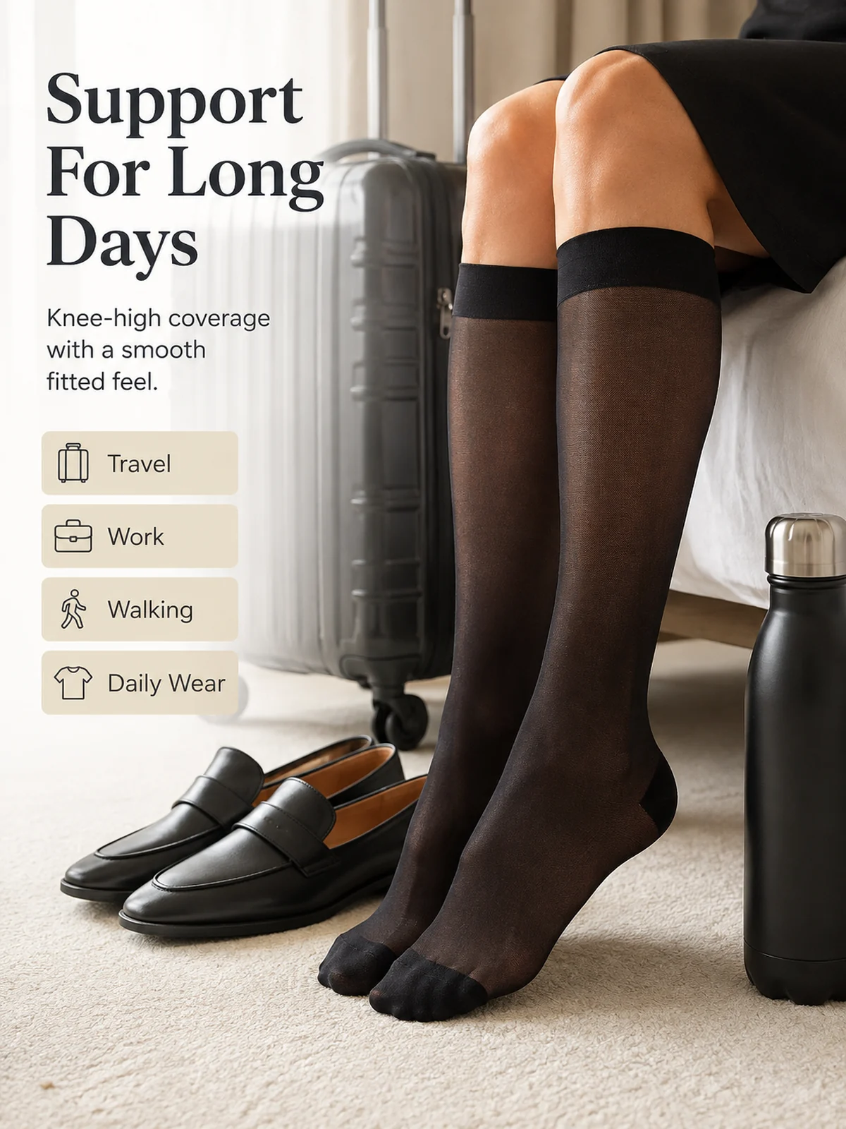 Knee high support socks for travel work walking and daily wear