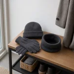 Dunkelgraue Strickmütze, Handschuhe und Schlauchschal auf einer Bank im Eingangsbereich