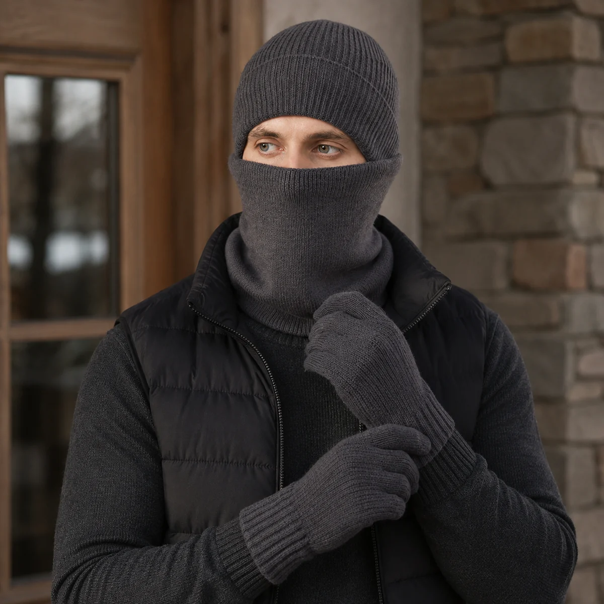 Model traegt Muetze Handschuhe und Schlauchschal für kaltes Wetter