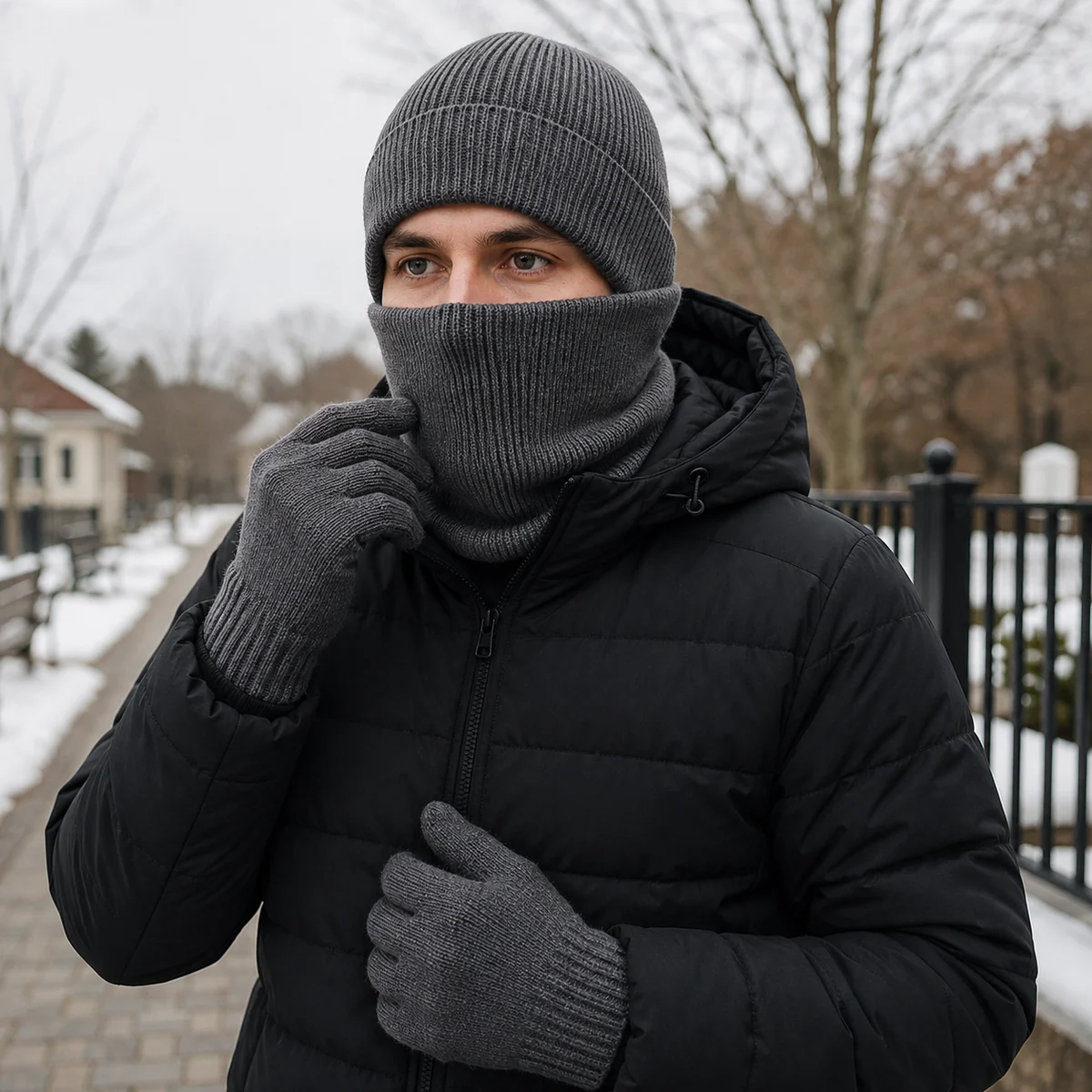 Winterspaziergang mit Strickmuetze Handschuhen und Schlauchschal