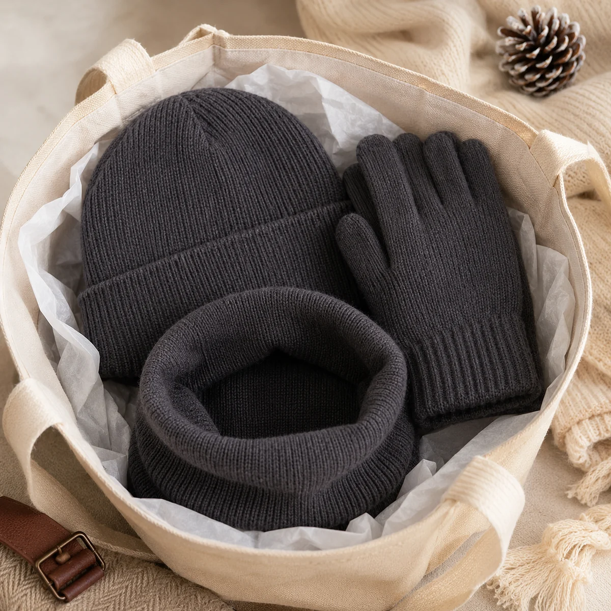 Kompakte Pack Szene für die dreiteilige Strick Winterkombination