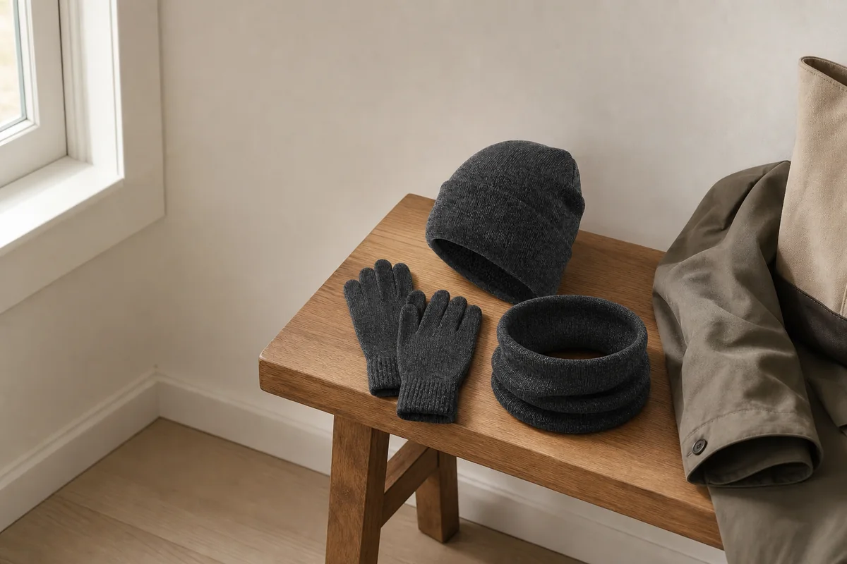 Gorro gris tejido, guantes y cuello tubular cerrado sobre un banco de entrada