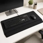Black keyboard and mouse on a large desk pad with a raised front wrist cushion beneath a monitor