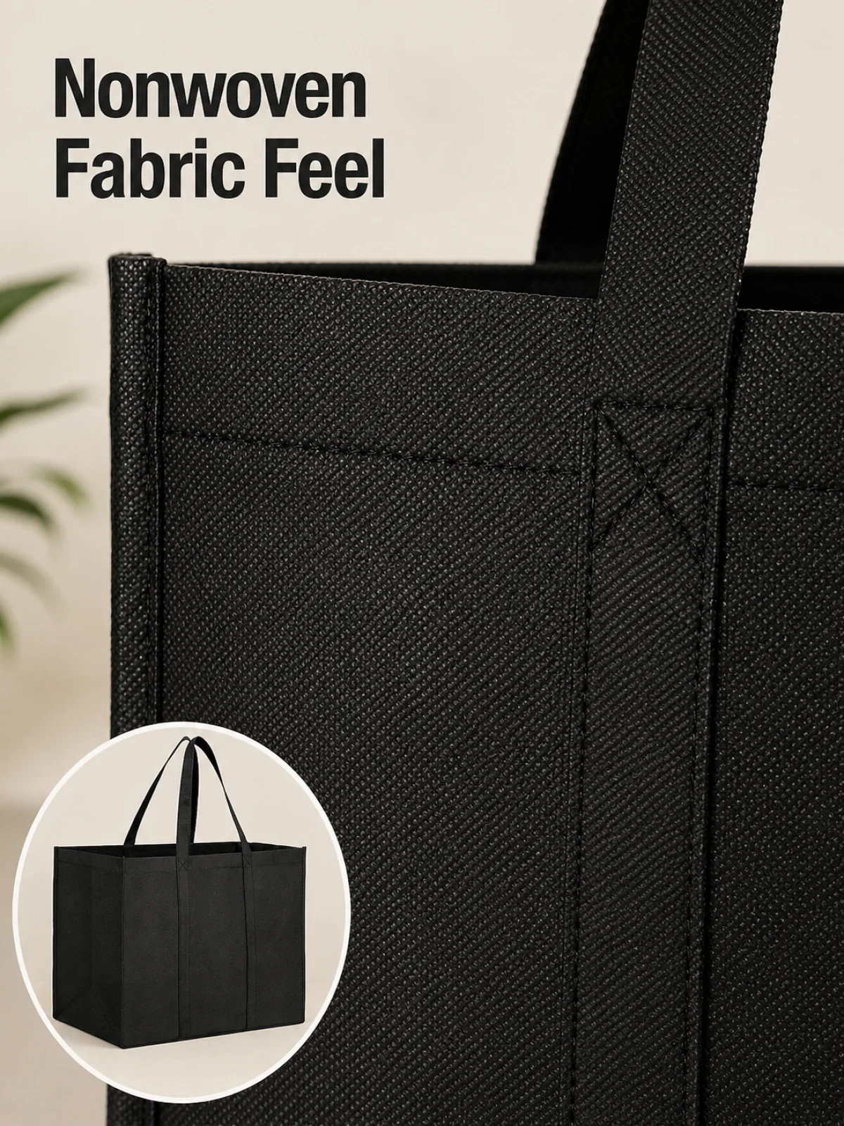 Detail de matière nonwoven et couture sur un grand sac cabas