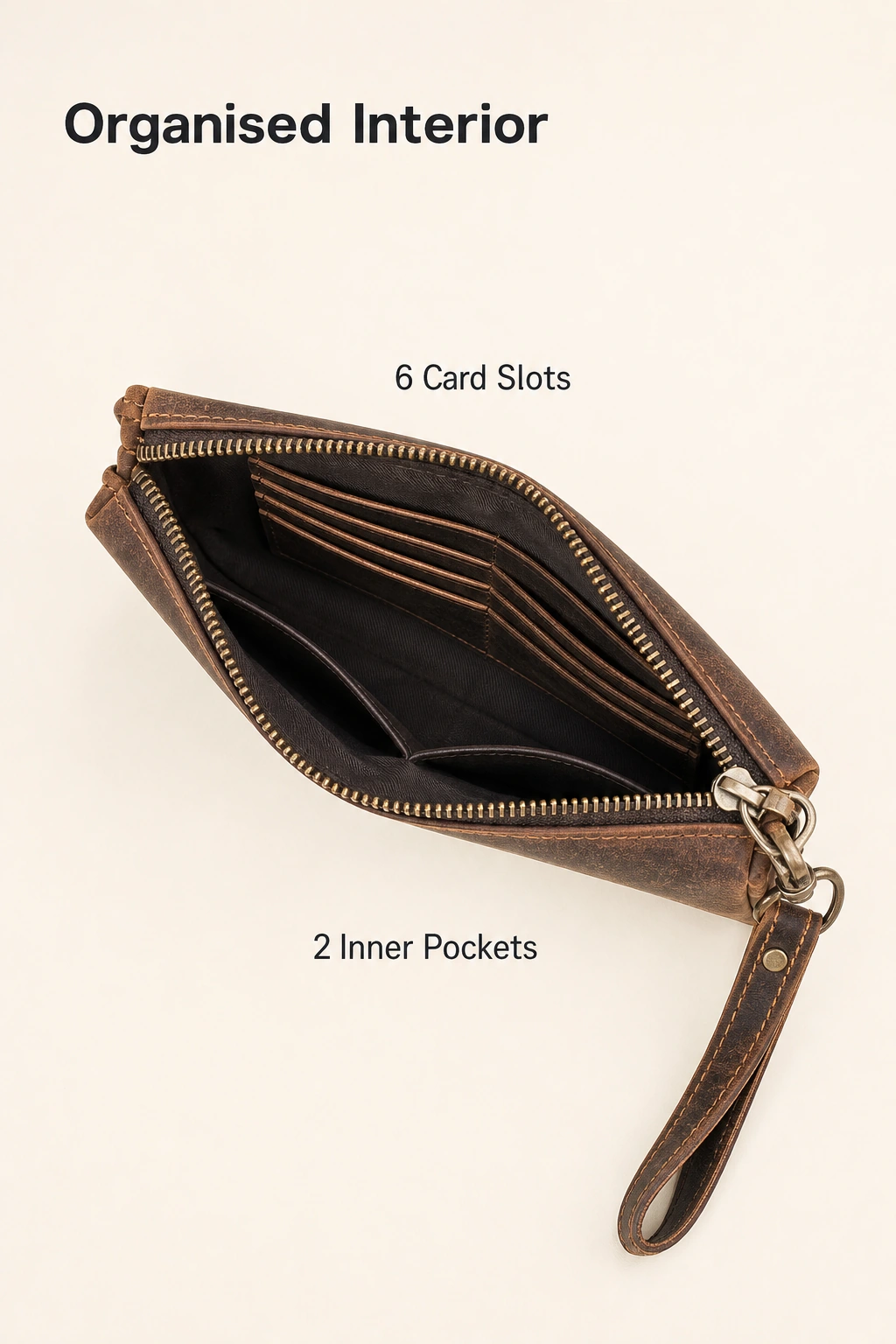 Open coffee clutch with labelled six card slots and two inner pockets, dark lining and an attached wrist strap.