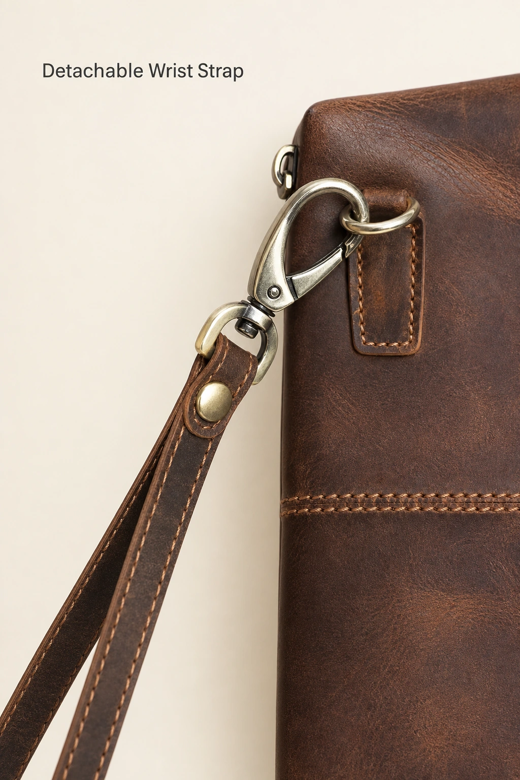 Close-up of the detachable coffee leather wrist strap, its swivel clasp, D-ring and stitched attachment tab.