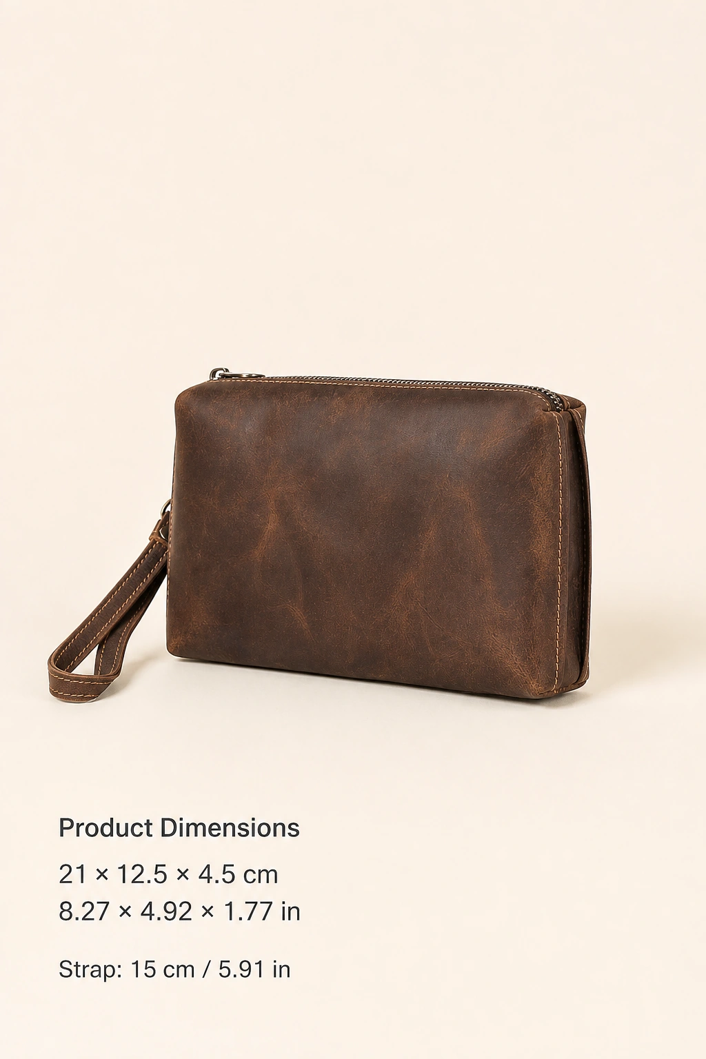 Coffee clutch front view with 21 × 12.5 × 4.5 cm dimensions, inch equivalents and 15 cm wrist-strap length.