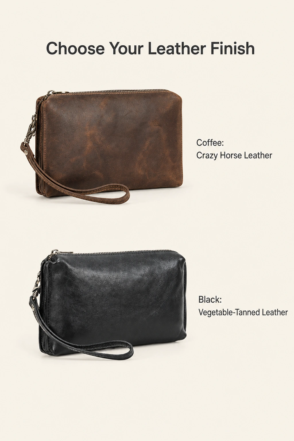 Coffee and black leather clutches stacked vertically with Crazy Horse and vegetable-tanned finish labels.