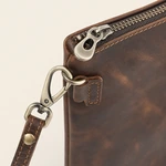Close-up of the coffee clutch's zip pull, stitched leather tab and wrist-strap clasp attached to a D-ring.