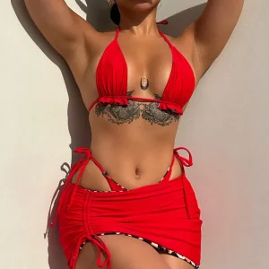 Bikini 3 pezzi con bordo leopardato e minigonna