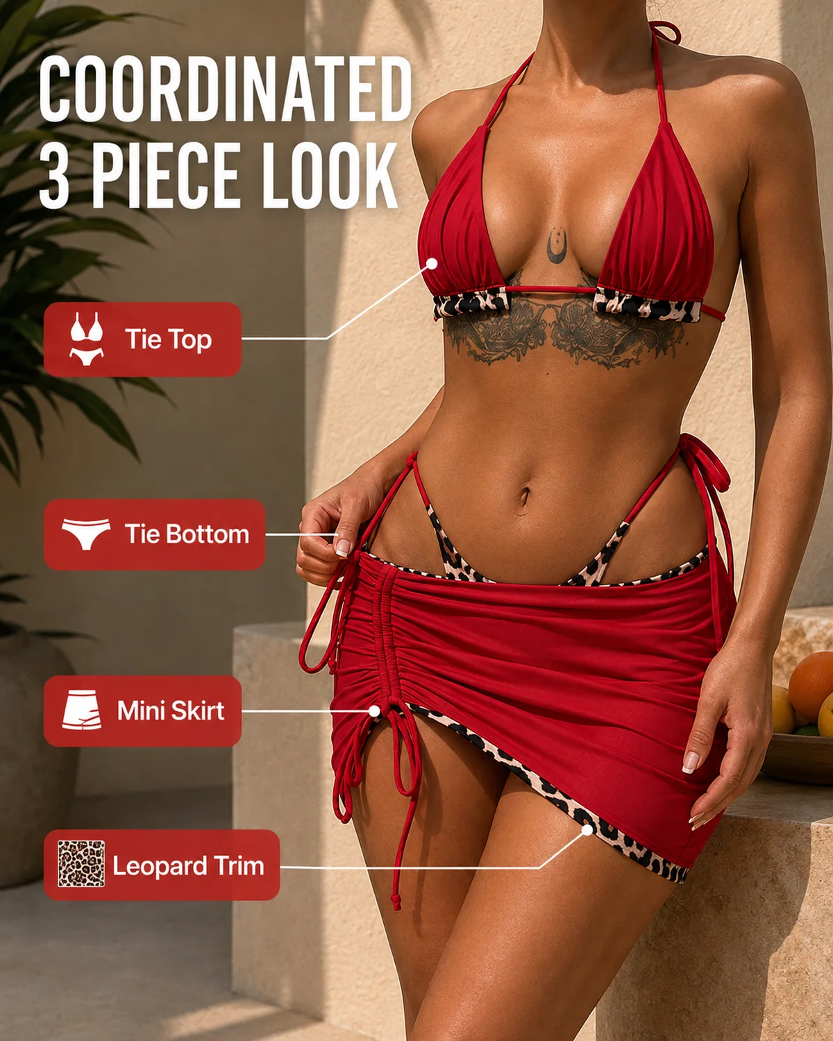 Immagine di dettaglio per Bikini 3 pezzi con bordo leopardato e minigonna