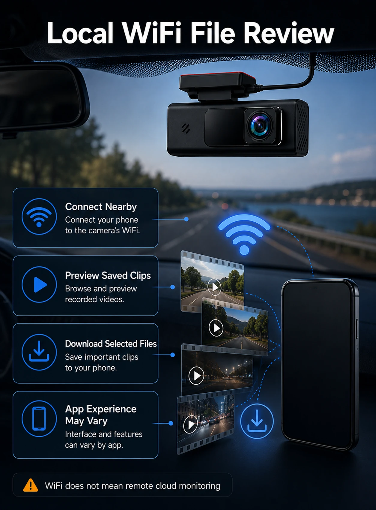 Local WiFi file review for dash camera saved clips without remote cloud monitoring