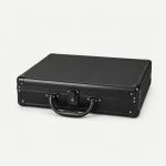 Closed black document case with a carry handle, central keyed latch and reinforced edges