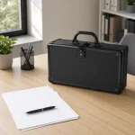 Black document case standing upright on a desk beside papers and a pen