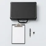 Overhead view of a closed black document case beside a separate clipboard, pen and key