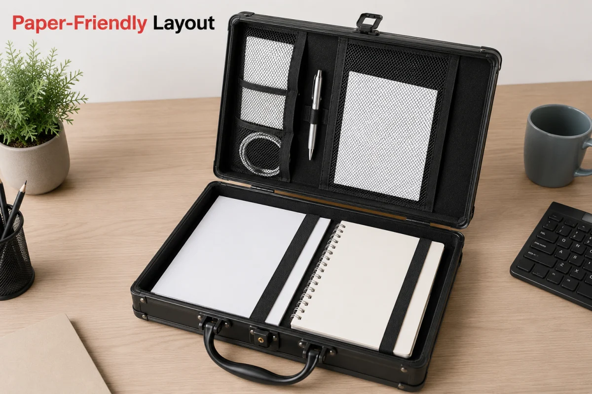 Paper friendly interior layout for letter size documents and pens