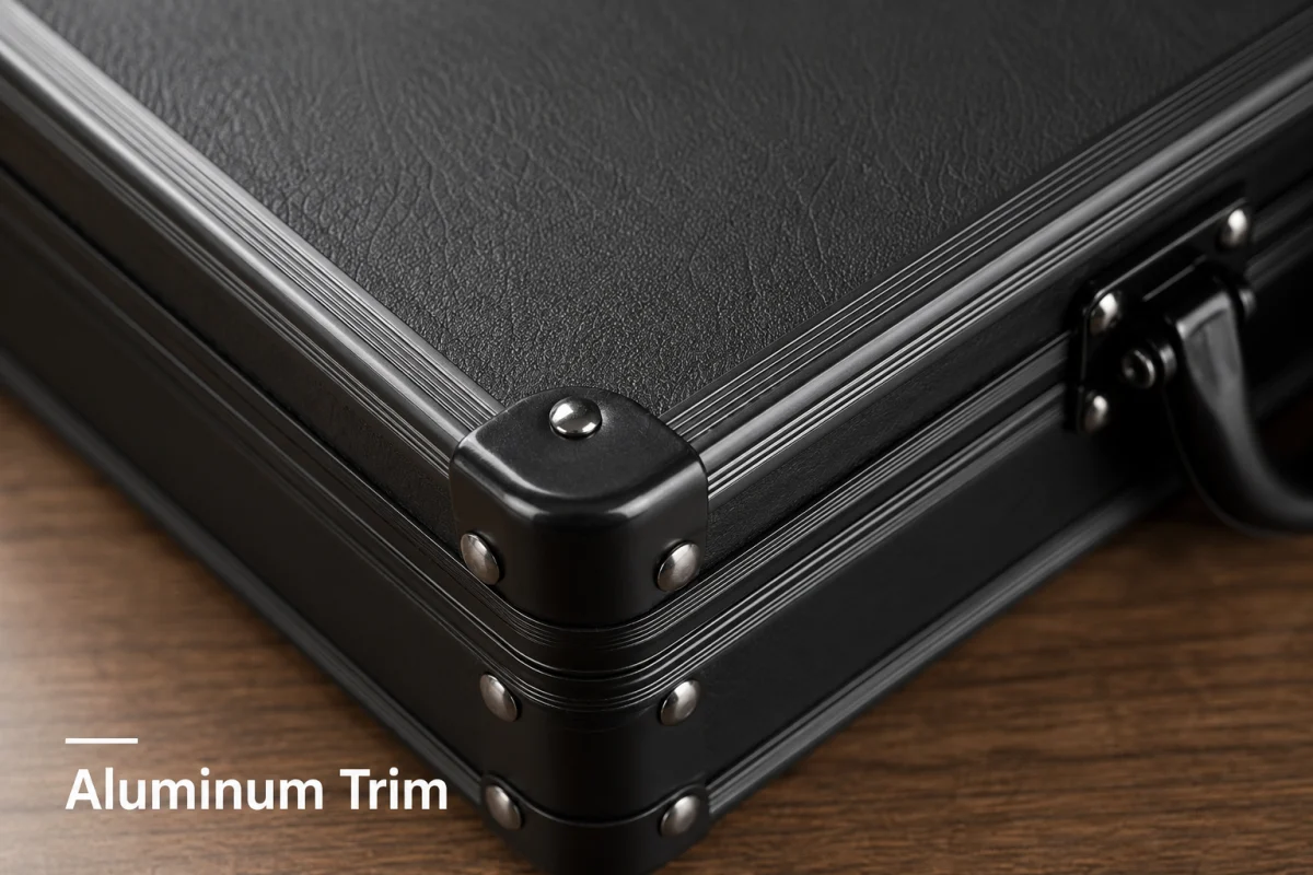Aluminum trim and corner detail on black locking clipboard storage box