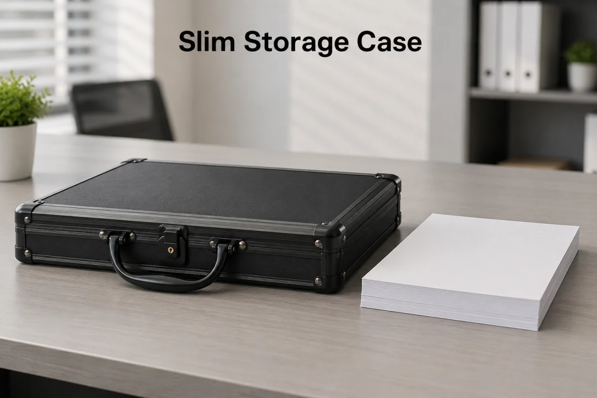 Slim handled document storage case beside blank paper stack