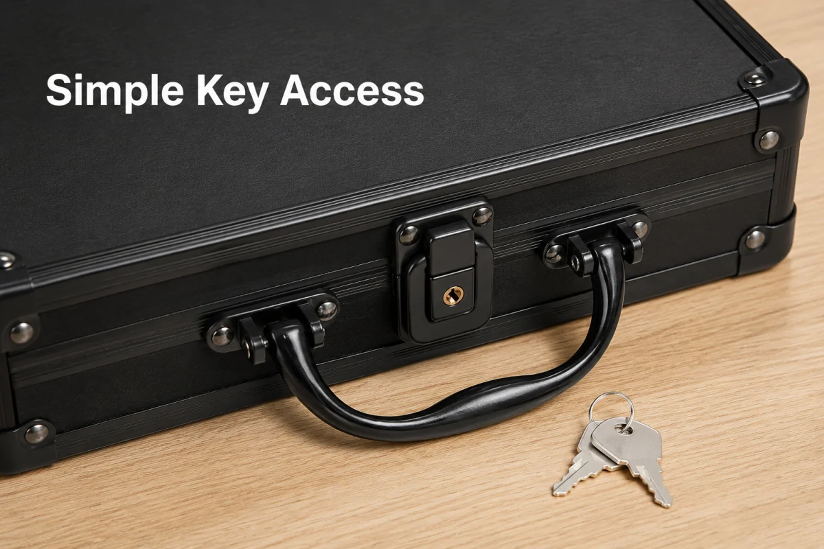 Simple key access close up on black aluminum clipboard case