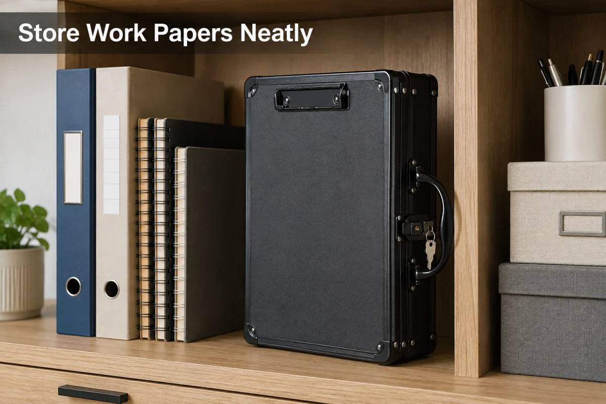 Black locking clipboard storage box kept upright with work folders