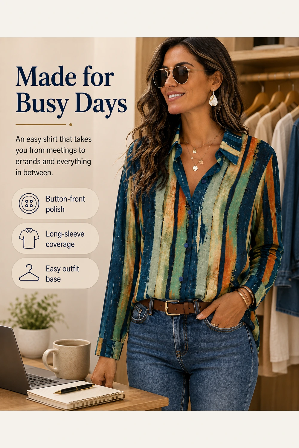 Detail image for Long Sleeve Button-Down Shirt for Women with Striped Print