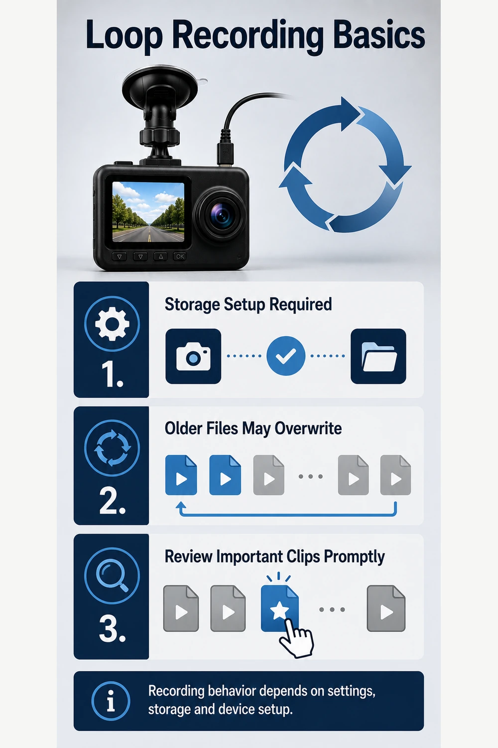 Loop recording basics for car dash camera storage settings