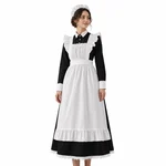 Adult model wearing a long black maid dress with long sleeves, a white ruffled apron and white headpiece on a clean white background.