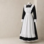 Long-sleeve black dress on a mannequin with white collar and cuffs, a long ruffled white apron and lace at the skirt hem.