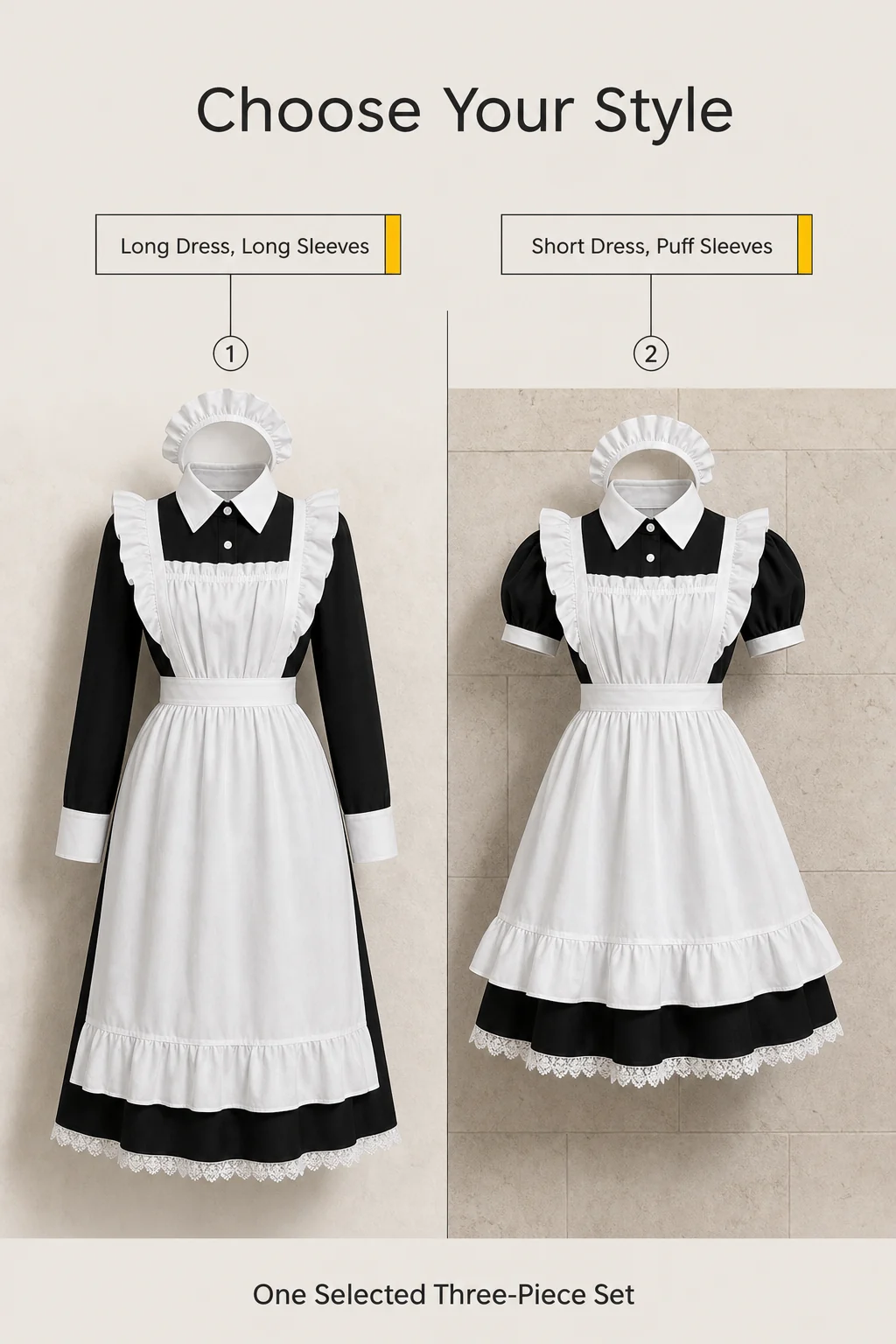 Side-by-side long-sleeve long dress and short puff-sleeve dress on mannequins, labeled as alternative three-piece sets.