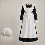Three-piece long costume displayed with the black dress and white apron together and one separate white ruffled headpiece.