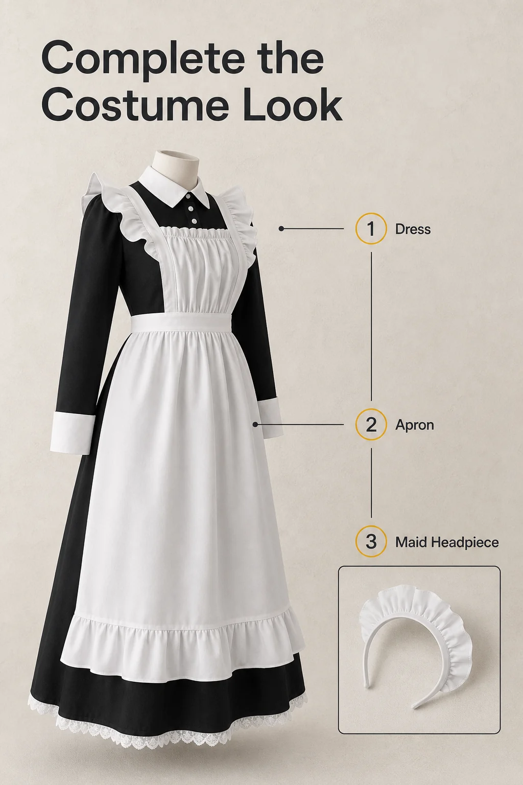 Angled front view of the long-sleeve dress and white apron on a mannequin, with a headpiece inset and three numbered dressing steps.