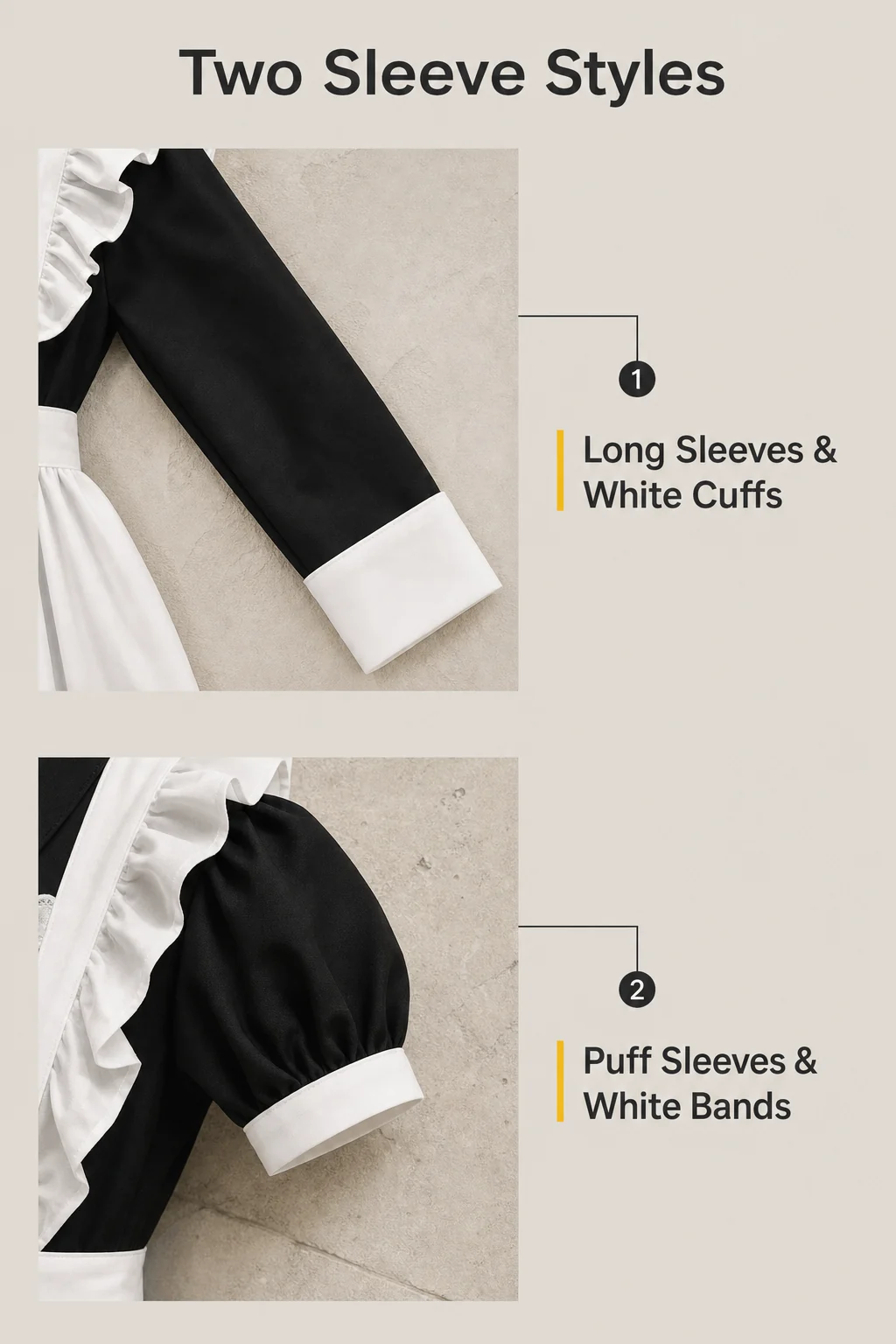 Two close-ups compare a long black sleeve with a broad white cuff and a short black puff sleeve with a narrow white band.