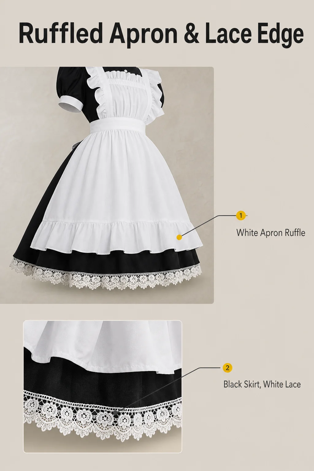Short black puff-sleeve dress with callouts to the white apron ruffle and a magnified view of the white lace skirt hem.