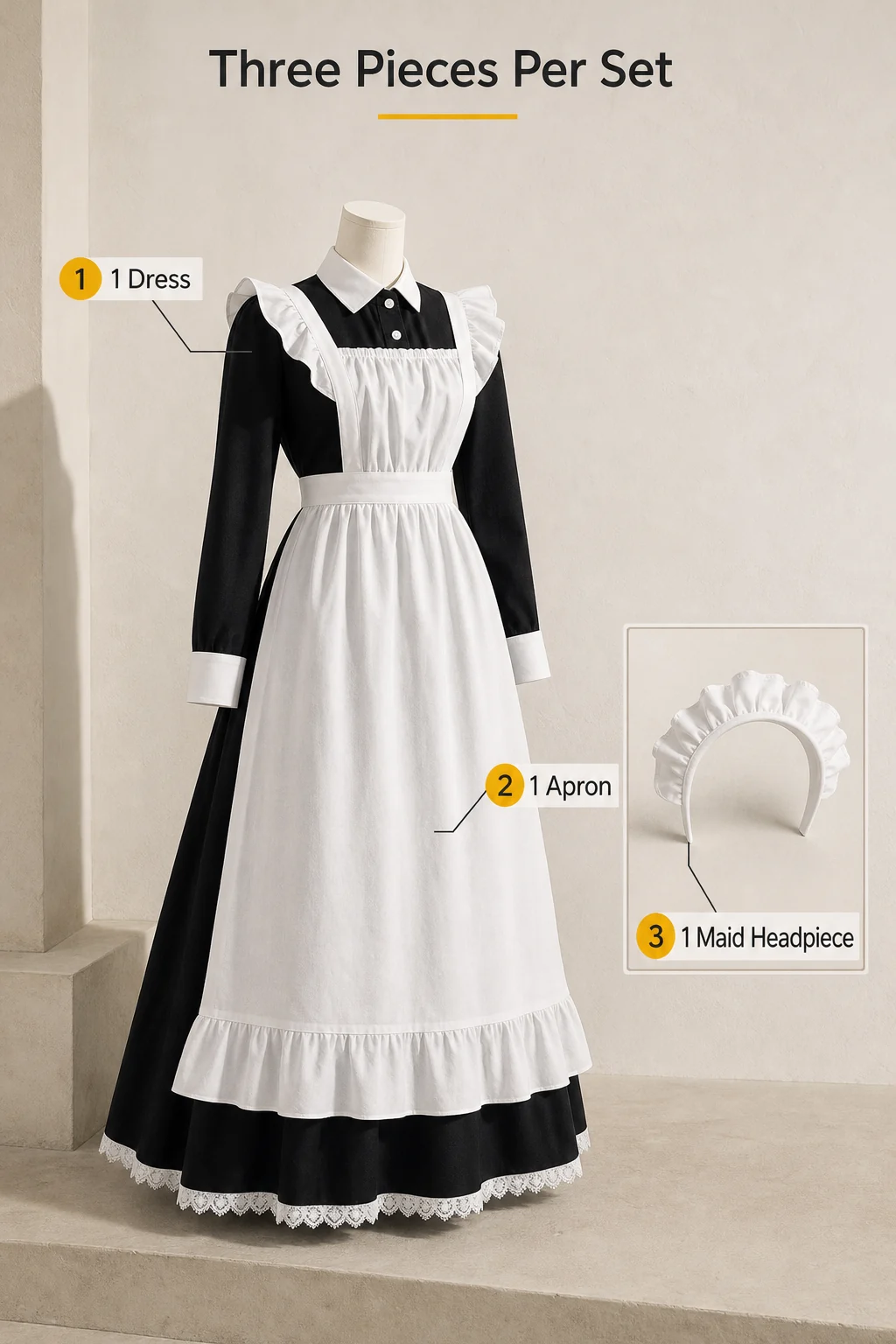 Long black dress and white apron on a mannequin, with a separate headpiece inset and numbered labels for the three included pieces.