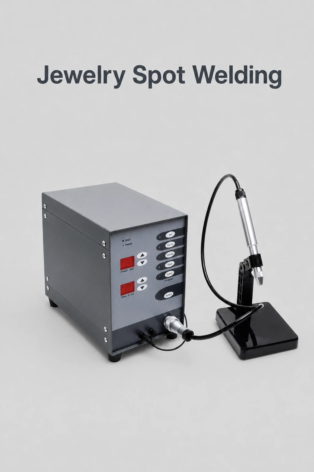 Gray jewelry welder and silver pen in an upright black stand beneath Jewelry Spot Welding