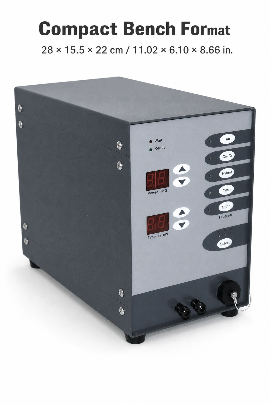 Angled gray machine with the body dimensions 28 × 15.5 × 22 cm and 11.02 × 6.10 × 8.66 in
