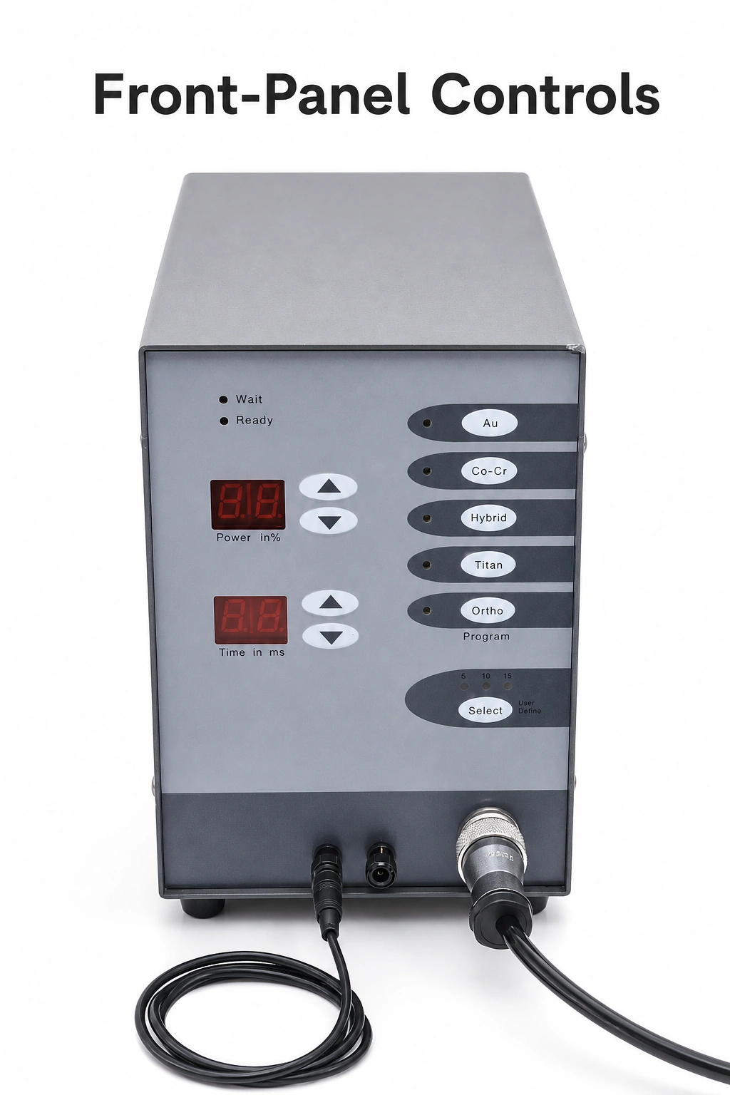 Close front view of two red displays, arrow buttons and five program selectors beneath Front-Panel Controls