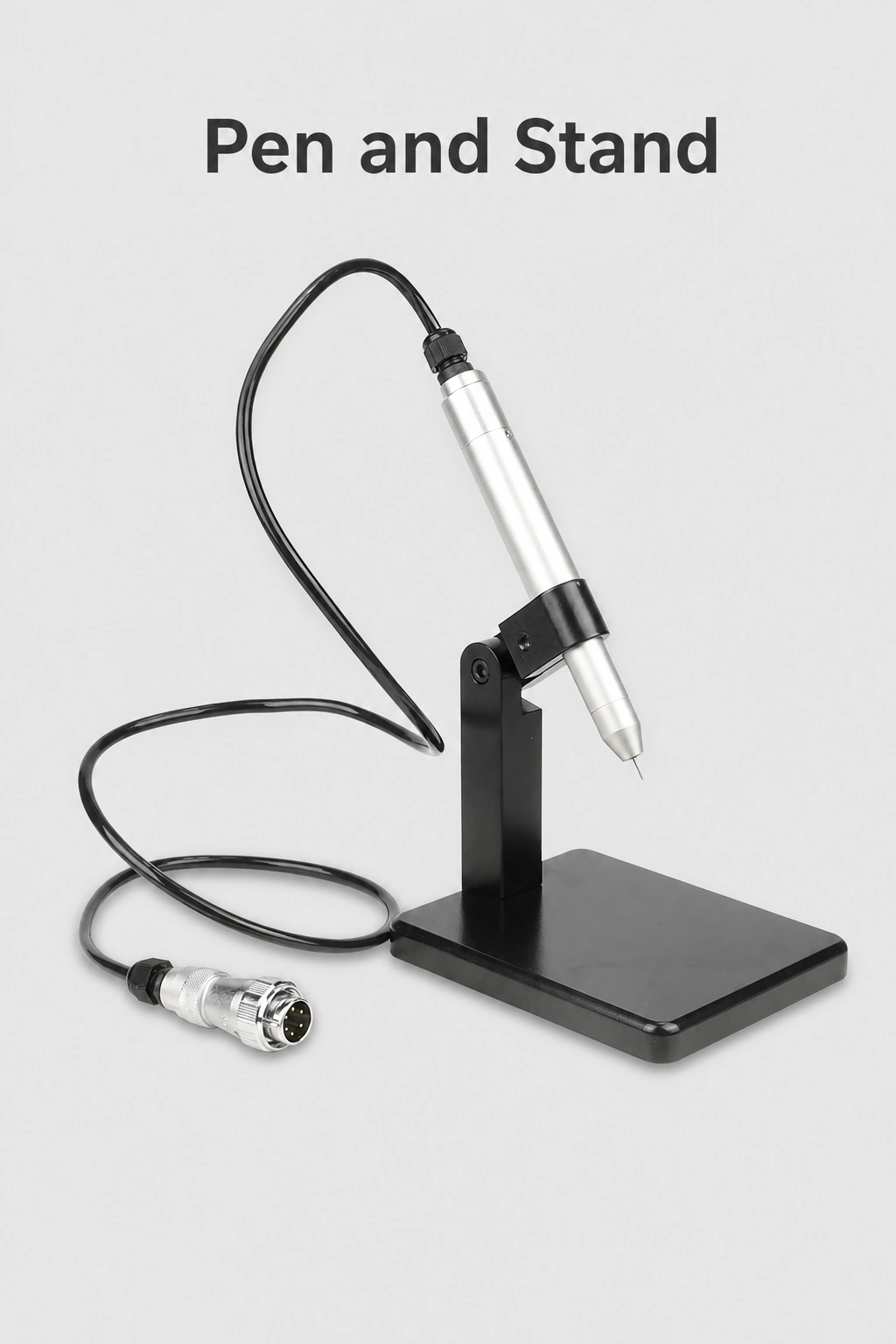 Silver welding pen on an upright black stand with its cable and connector beneath Pen and Stand