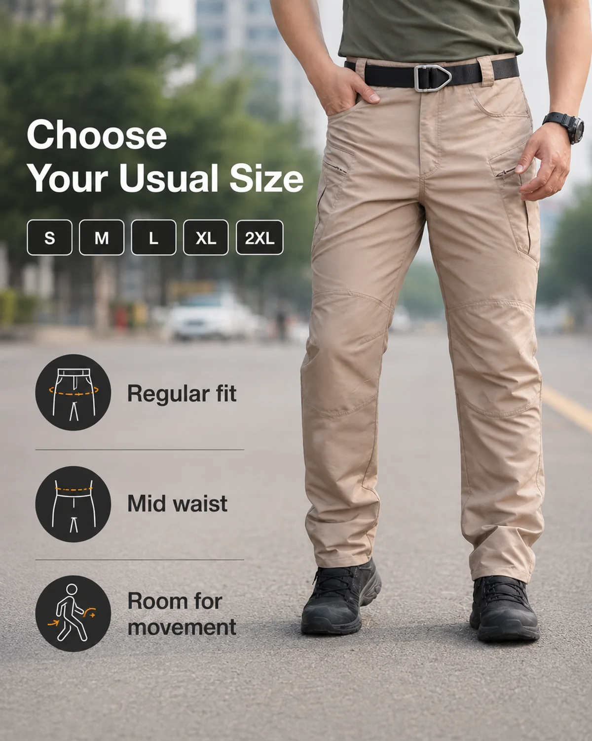 Material and structure detail for Men's Reinforced Knee Cargo Work Pants for Outdoor Hiking