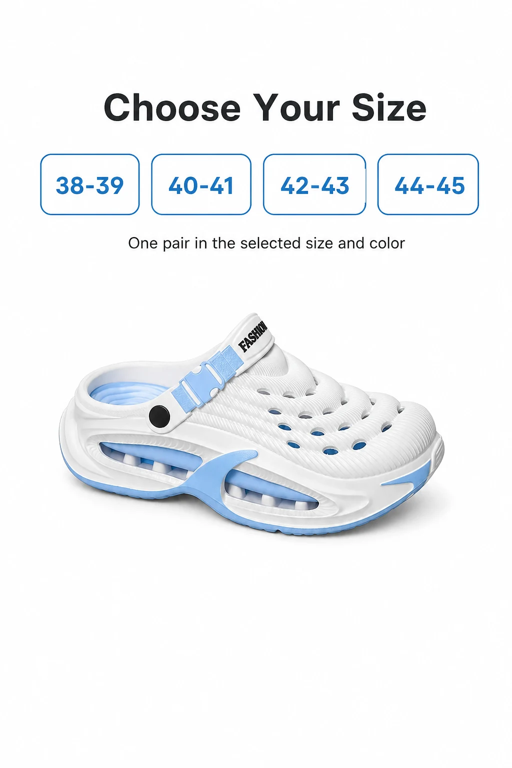 Quattro taglie, da 38–39 a 44–45, sopra un sabot bianco e azzurro