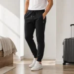 Homme portant un jogger foncé, un T-shirt blanc et des baskets près d’un lit et d’une valise