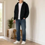 Uomo con felpa nera con cerniera sopra una maglietta bianca, jeans blu e sneakers bianche in un interno