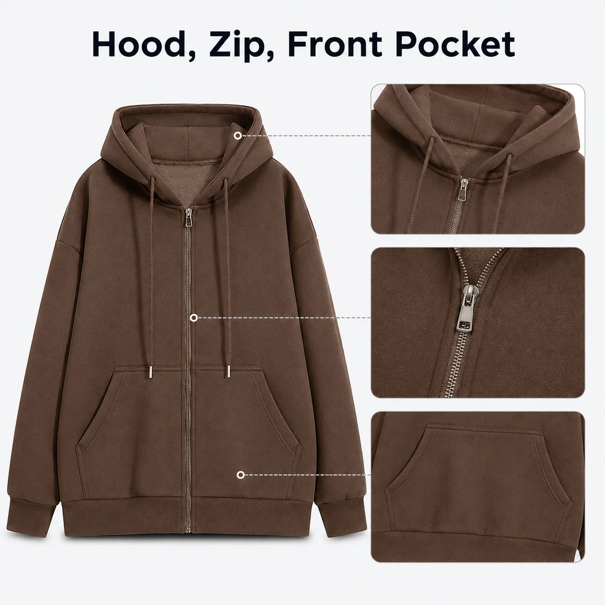 Dettaglio misura o uso per Felpa uomo in cotone fleece con zip, tinta unita regular fit
